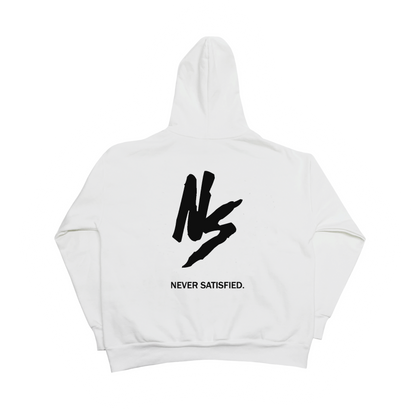 NEVER SATISFIED WHITE HOODIE